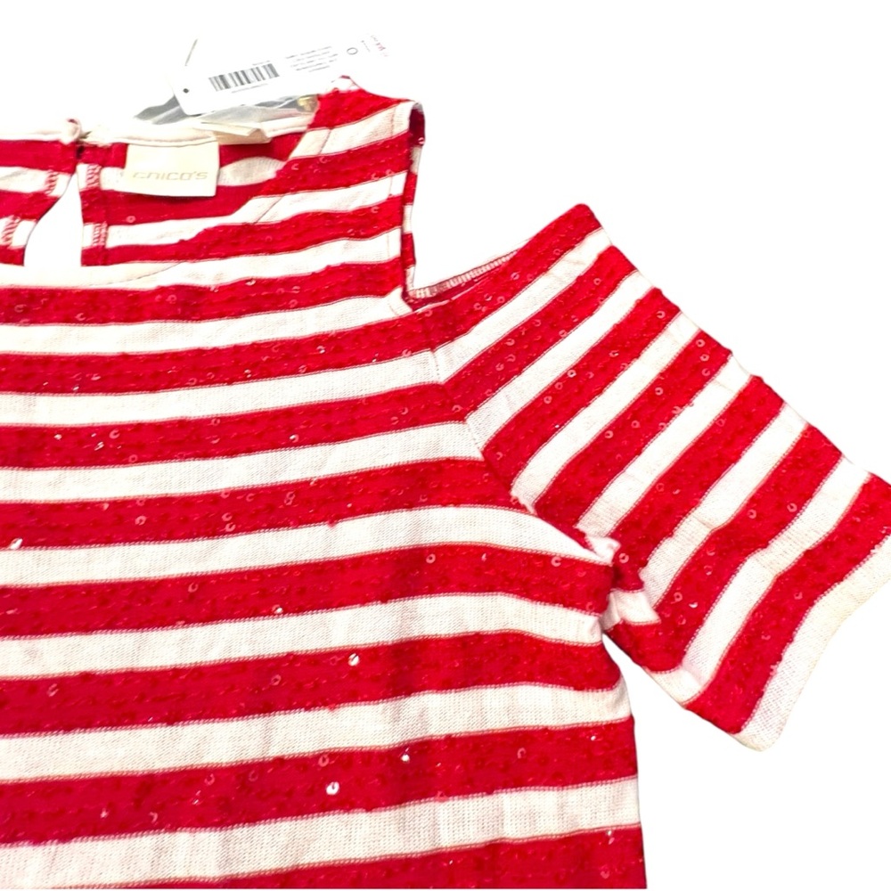 Chicos Womens Sz 0 US 4 SM Cold Shoulder Top Stripe Shiny Sequin Red White NEW